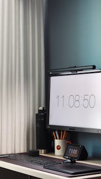 Minimalist home office setup with monitor and digital clock displaying time.