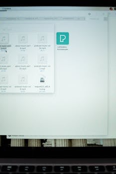 View of a laptop displaying various audio files and folders on screen.